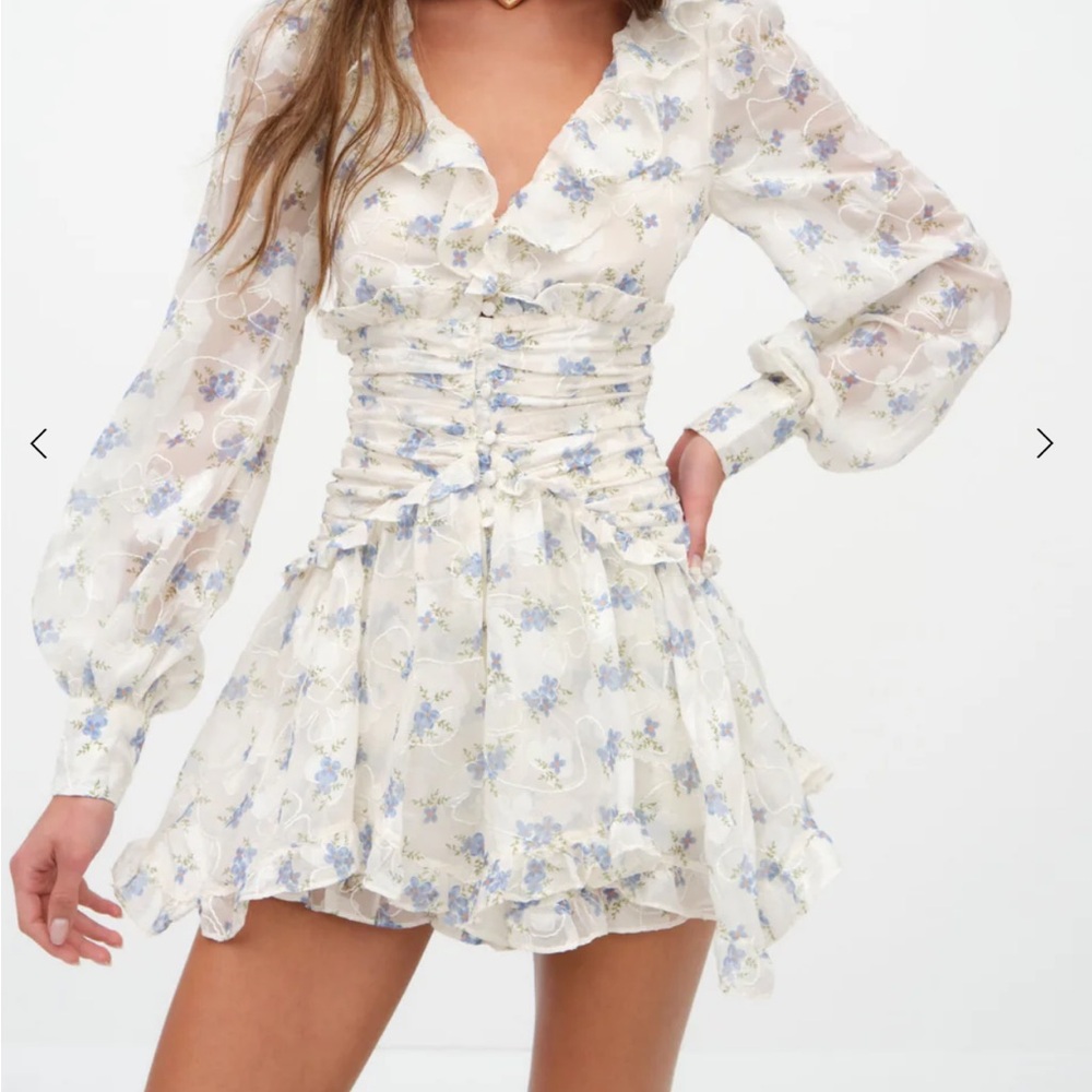 For Love And Lemons Blue and Cream Floral Long Sleeve Dress